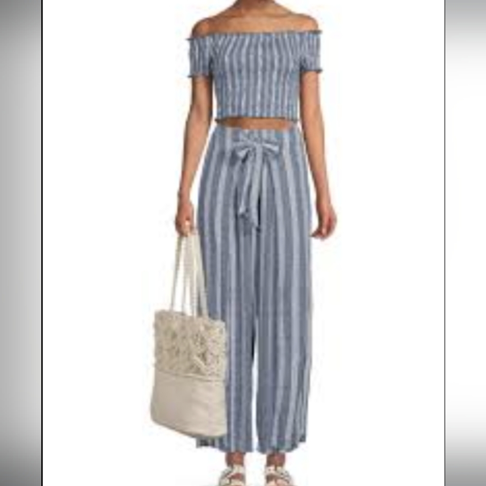 2 piece set off the shoulder top and pant. Navy denim color and white striped.
